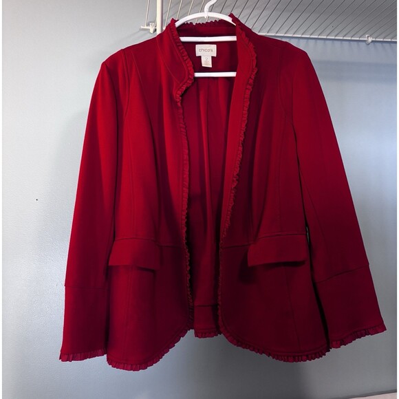CHICO'S 2 US L / 12 Carmine Red Ruffle Trim Ponte Blazer Jacket Stretch Pockets - Picture 1 of 10